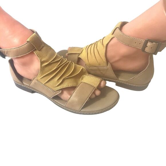Timberland Mustard Tan Leather/Canvas Wrap Sandals Womens 8 Open Toe Ankle Strap - Picture 1 of 11